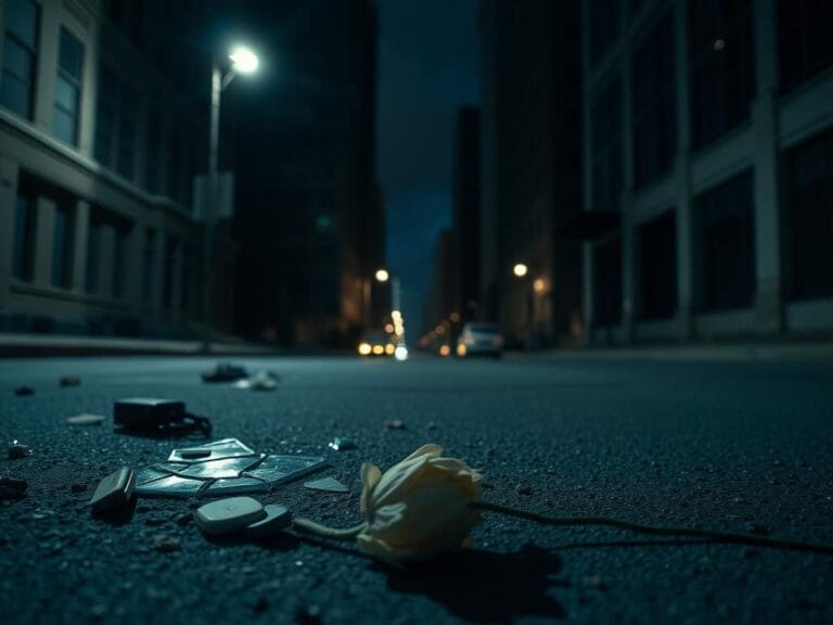 Flick International Somber street scene in Charlotte, North Carolina, with broken glass and personal items symbolizing loss.