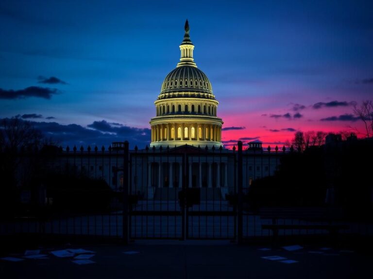 Flick International Dimly lit U.S. Capitol building under twilight sky symbolizing government shutdown
