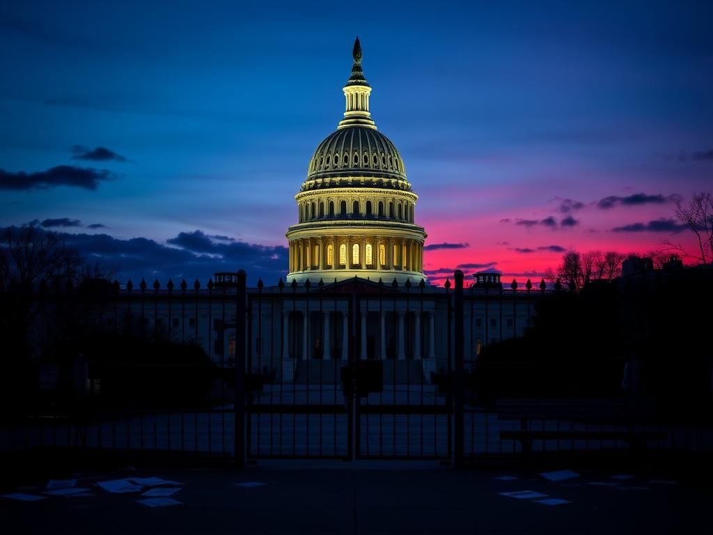 Flick International Dimly lit U.S. Capitol building under twilight sky symbolizing government shutdown