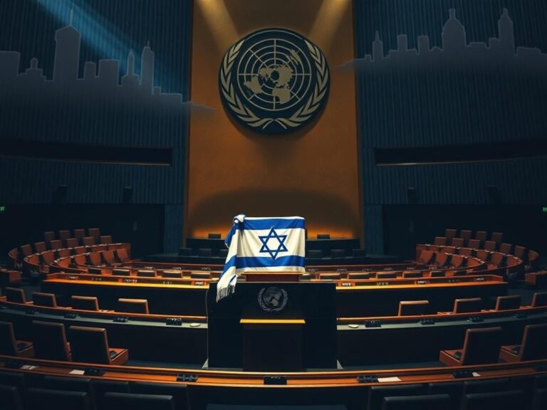 Flick International An empty United Nations General Assembly hall featuring a podium with the Israeli flag, symbolizing recent diplomatic tensions.