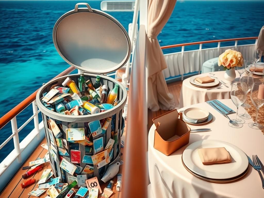 Flick International A cruise ship deck featuring an overflowing trash can with discarded items, symbolizing public neglect.