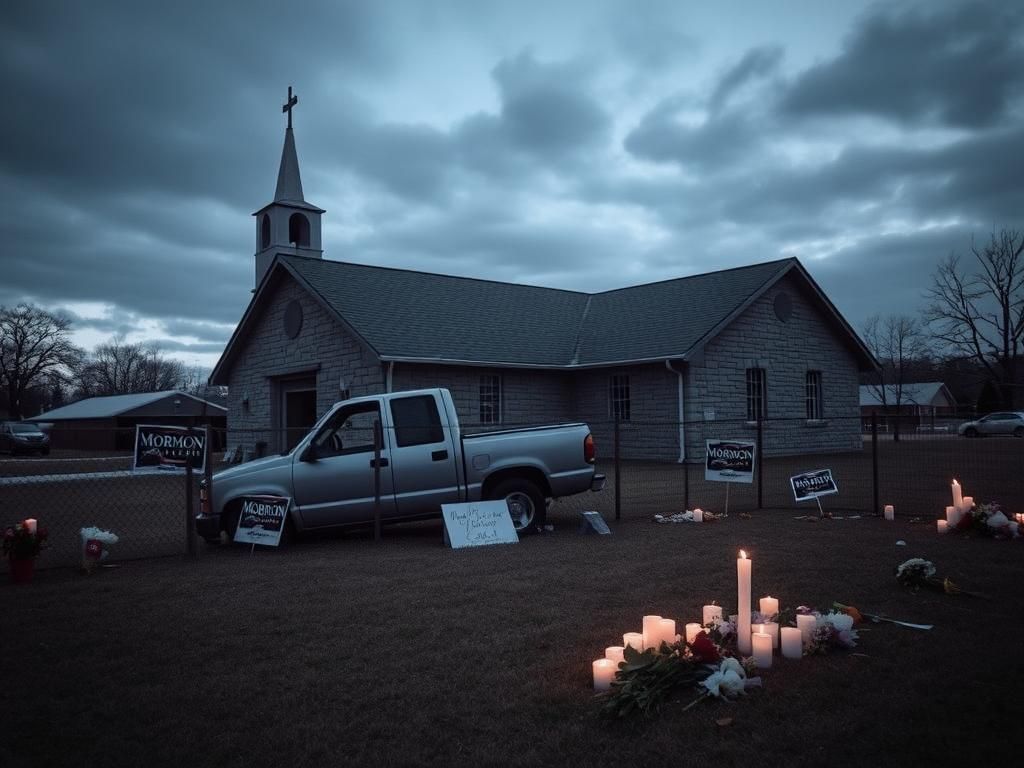 Flick International Exterior view of a small stone Mormon church in Grand Blanc, Michigan, with an abandoned pickup truck symbolizing a tragic event.