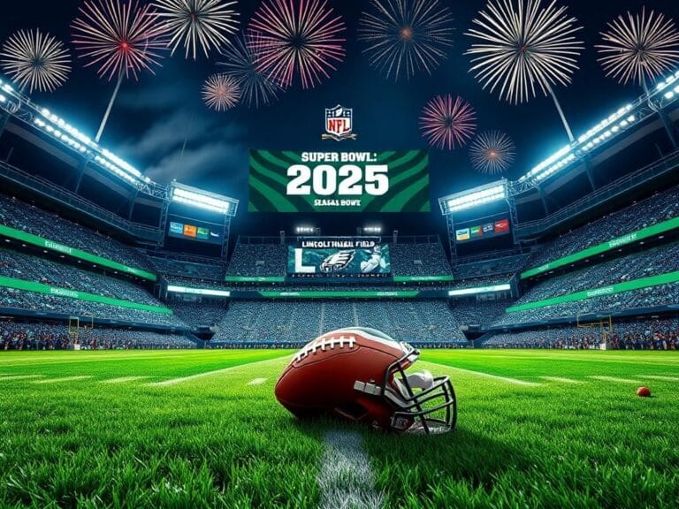 Flick International A vibrant view of Lincoln Financial Field illuminated at night during the Super Bowl banner ceremony.