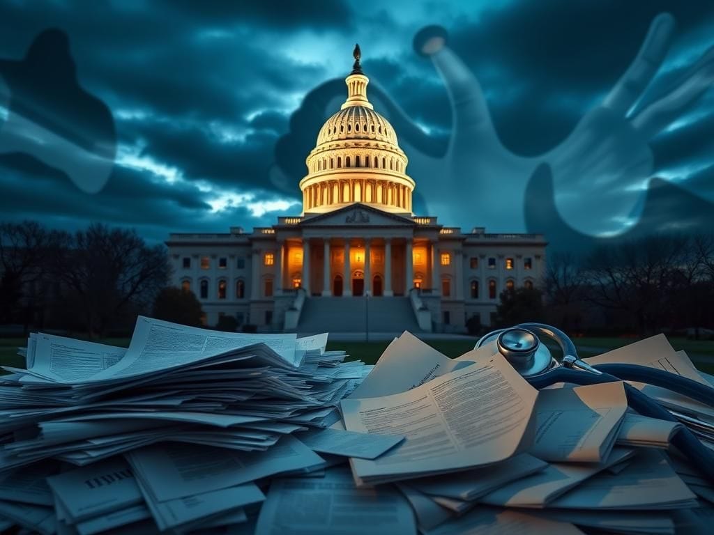 Flick International Capitol Hill building at twilight with scattered government documents in foreground
