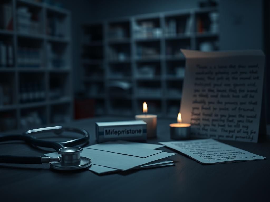 Flick International A somber tabletop scene featuring a stethoscope and a closed box labeled 'Mifepristone' against a blurred pharmacy background