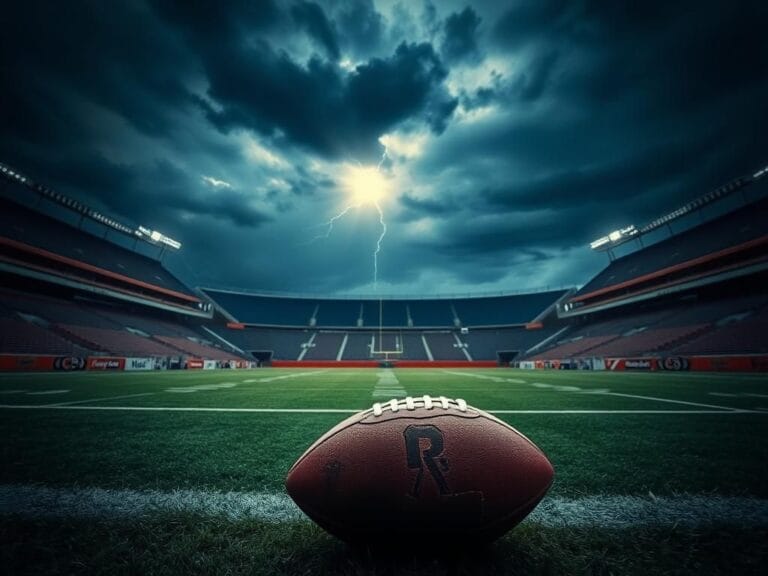 Flick International Dramatic football stadium under stormy skies representing Shedeur Sanders' challenges