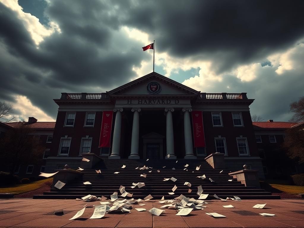 Flick International Dramatic view of Harvard University's University Hall with ominous shadows