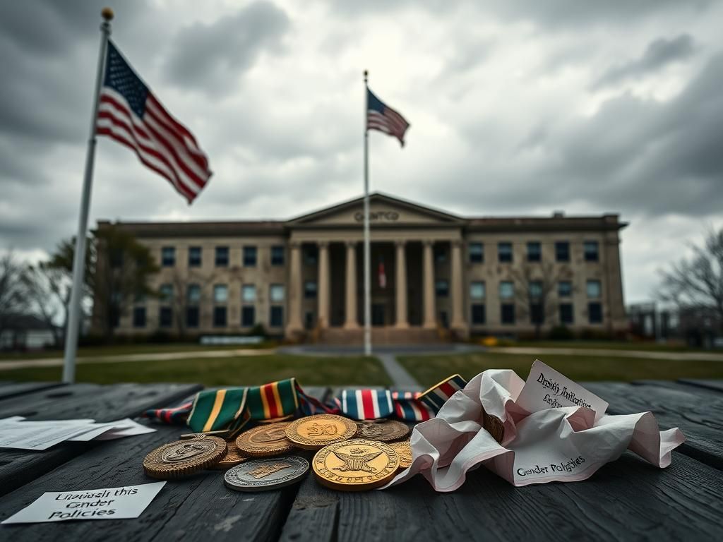 Flick International A dramatic scene of a military building at Quantico Marine Corps Base with an American flag and military medals
