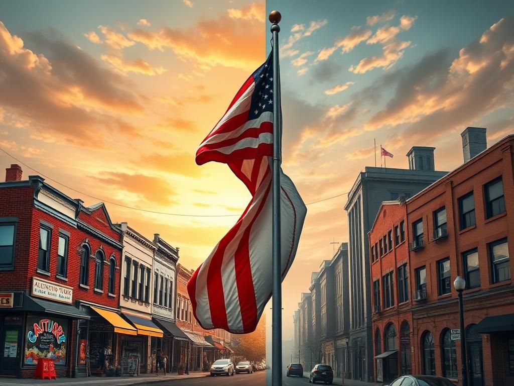 Flick International A split scene illustrating contrasting neighborhoods in New Jersey showcasing vibrant community life and political tension.