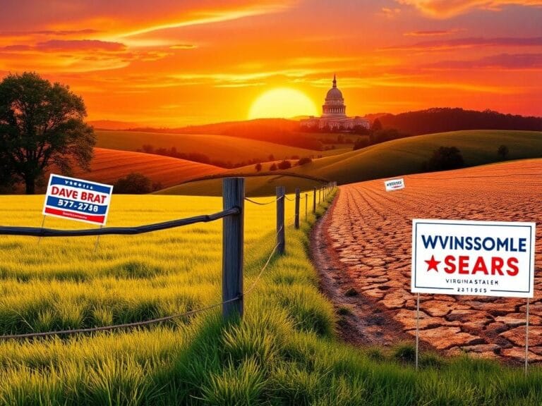 Flick International A dynamic political landscape in Virginia with a vibrant sunset and symbolic imagery of grassroots movement and political history