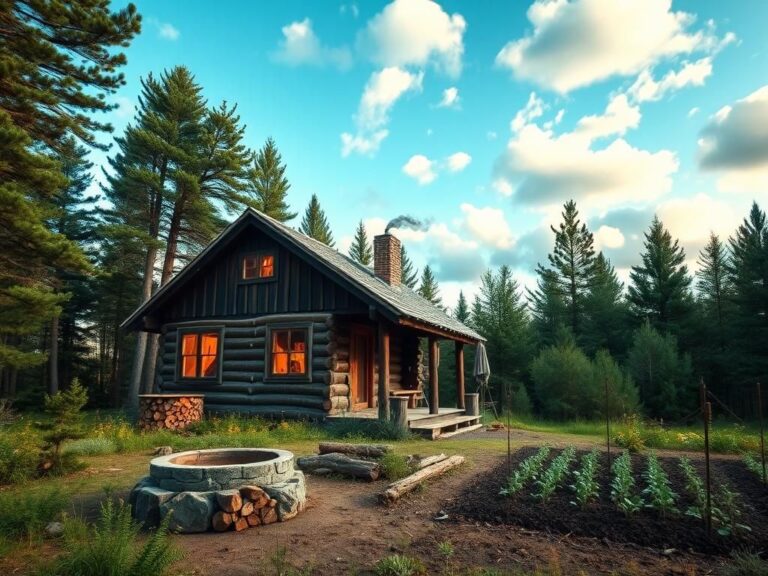 Flick International Rustic cabin in a serene Minnesota forest surrounded by tall pine trees