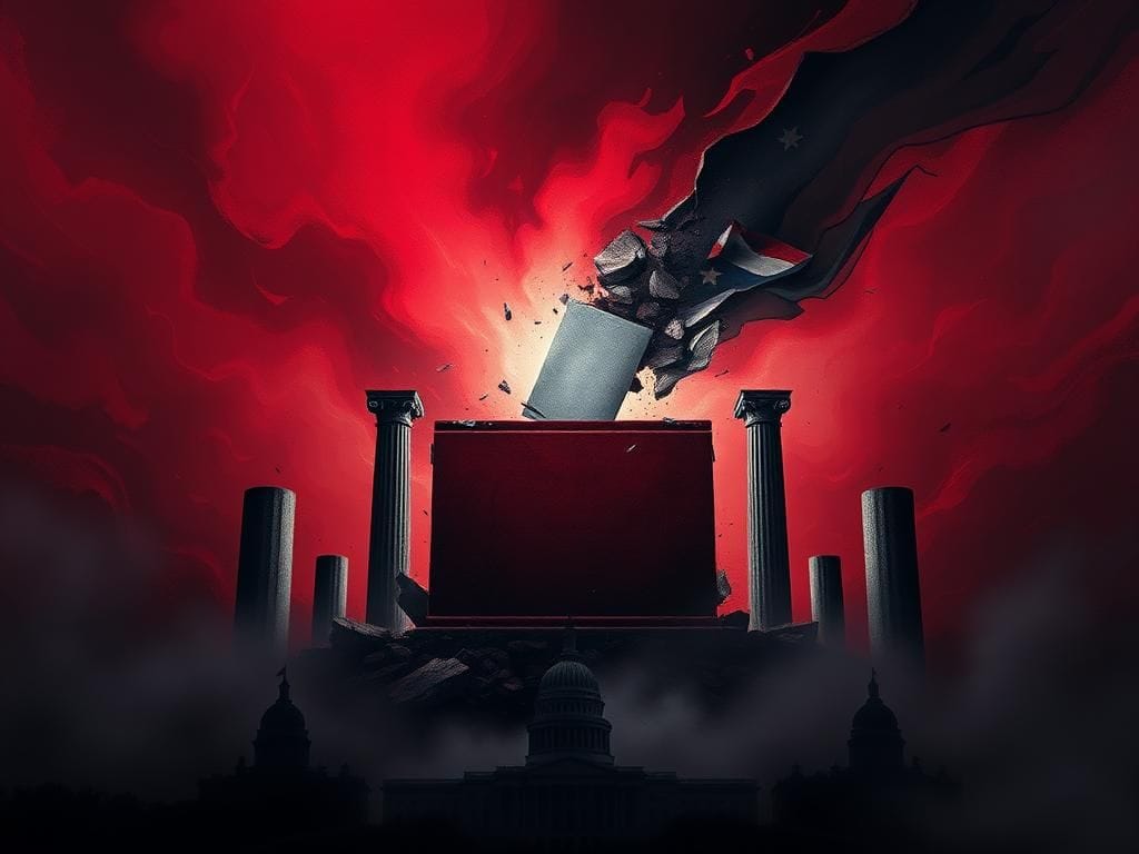 Flick International A dramatic representation of democracy under threat with a broken ballot box and crumbling pillars symbolizing outdated political structures