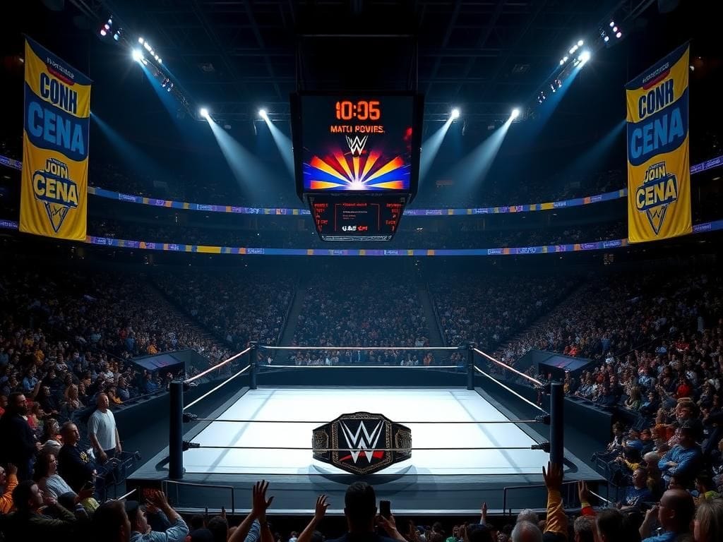 Flick International Dramatic wrestling ring with an empty center mat showcasing the WWE championship belt