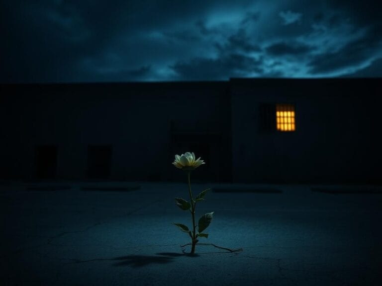 Flick International Abandoned immigration detention facility with shadows and a withered flower symbolizing resilience