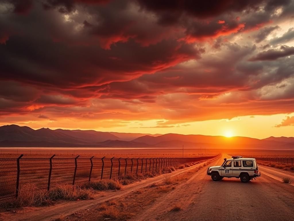 Flick International A long, rusted border fence stretching across a barren landscape at sunset