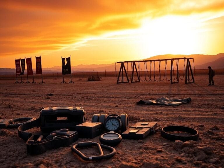 Flick International Military training scene at sunrise with equipment on barren field