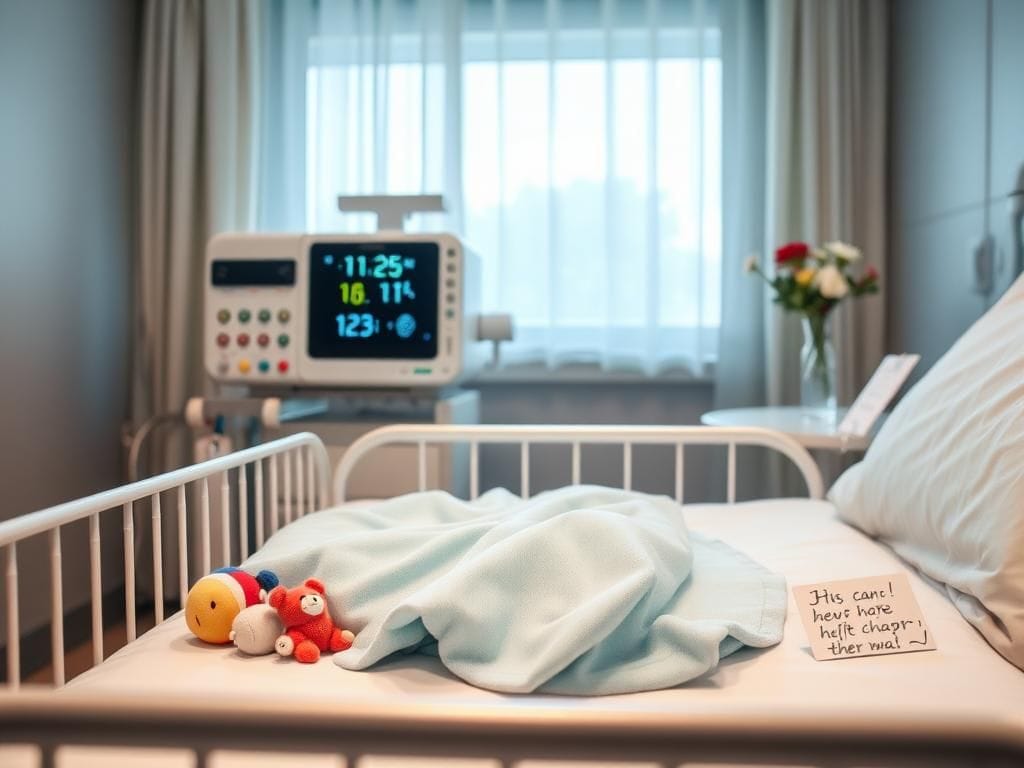 Flick International Cozy hospital room with a crib and heart monitor for a newborn