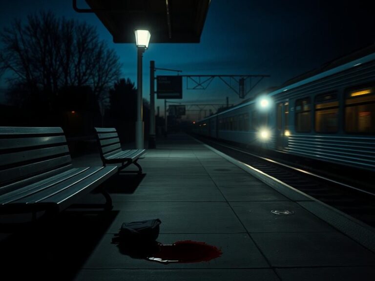 Flick International Dimly lit Caltrain platform at dusk with shadows and signs of recent violence