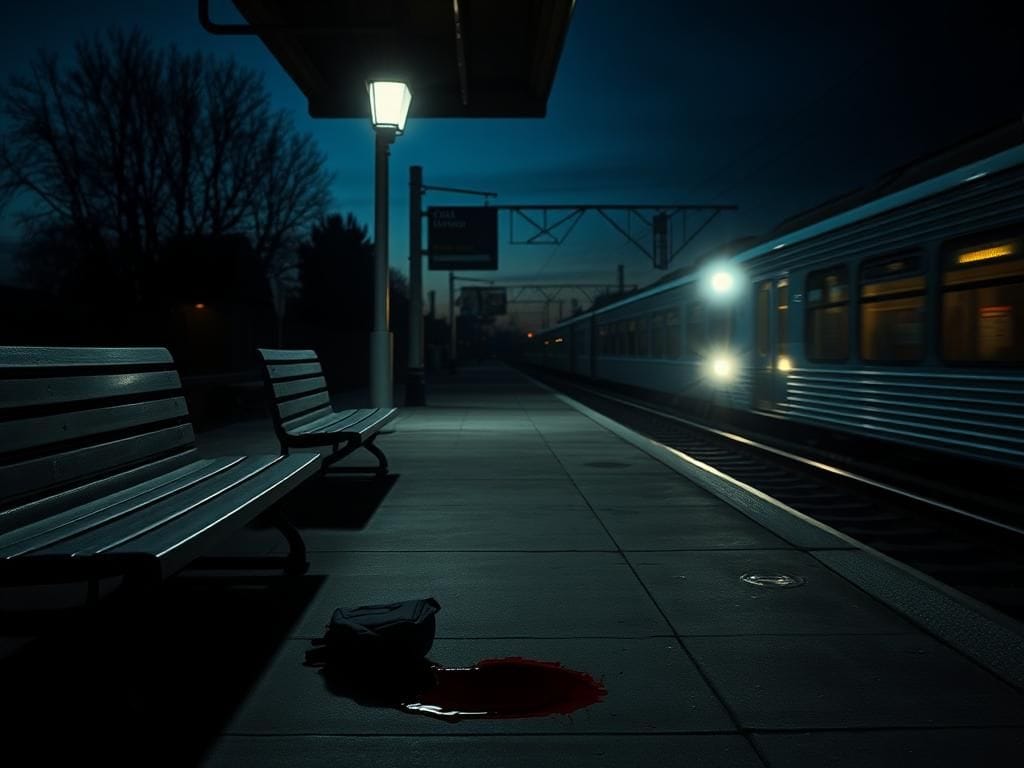 Flick International Dimly lit Caltrain platform at dusk with shadows and signs of recent violence
