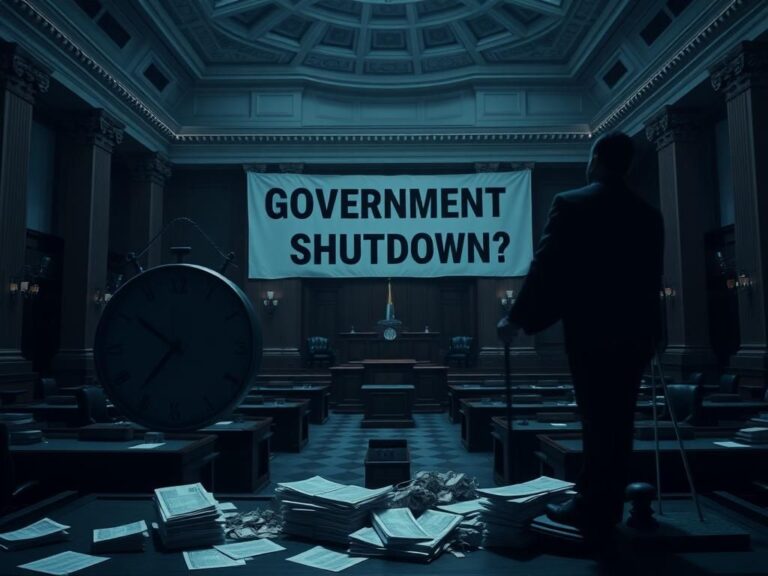 Flick International Dramatic image of a stalled legislative session in a grand, empty government building