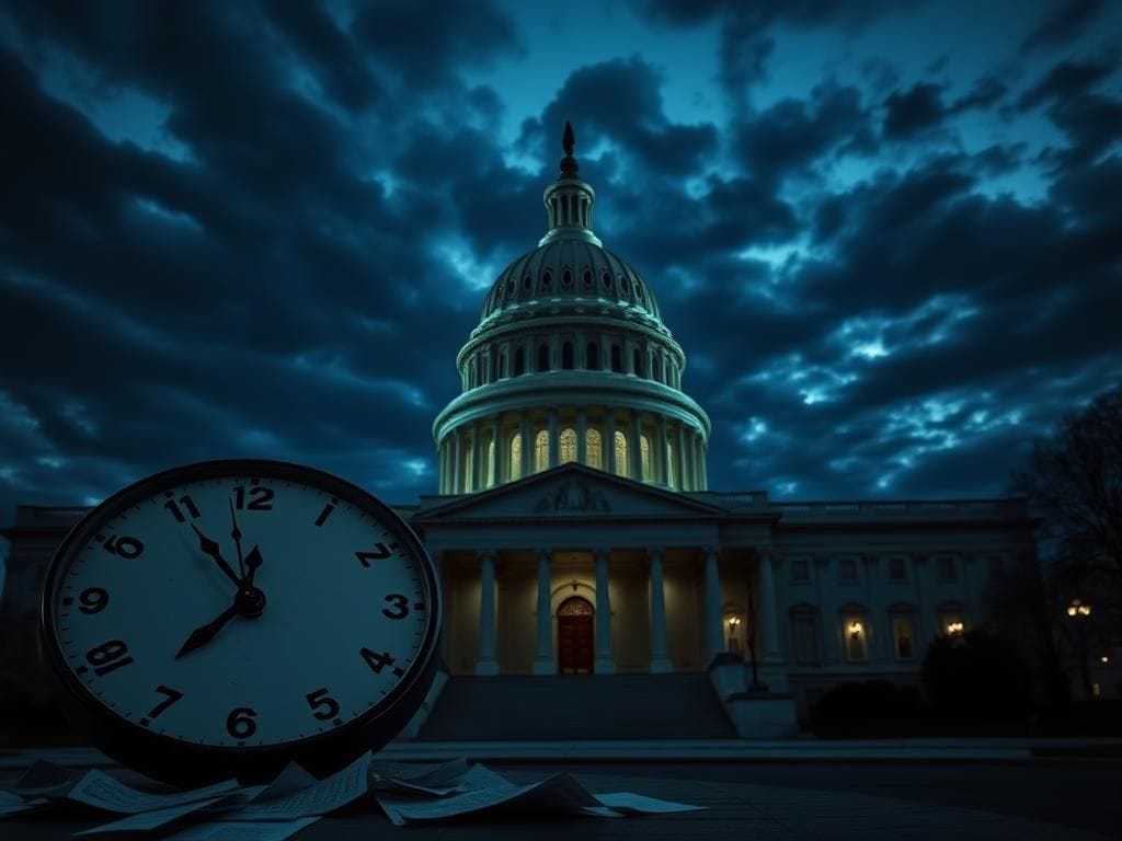 Flick International Dramatic image of the U.S. Capitol building at twilight with ominous clouds