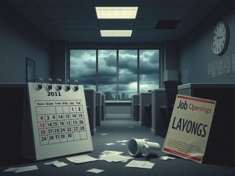 Flick International Dimly lit office space with empty cubicles and scattered paperwork symbolizing uncertainty