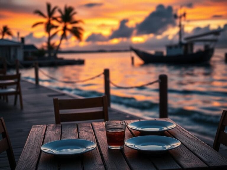 Flick International Serene waterfront scene at American Fish Company restaurant in Southport, North Carolina, highlighting an empty dinner table amidst a sunset.