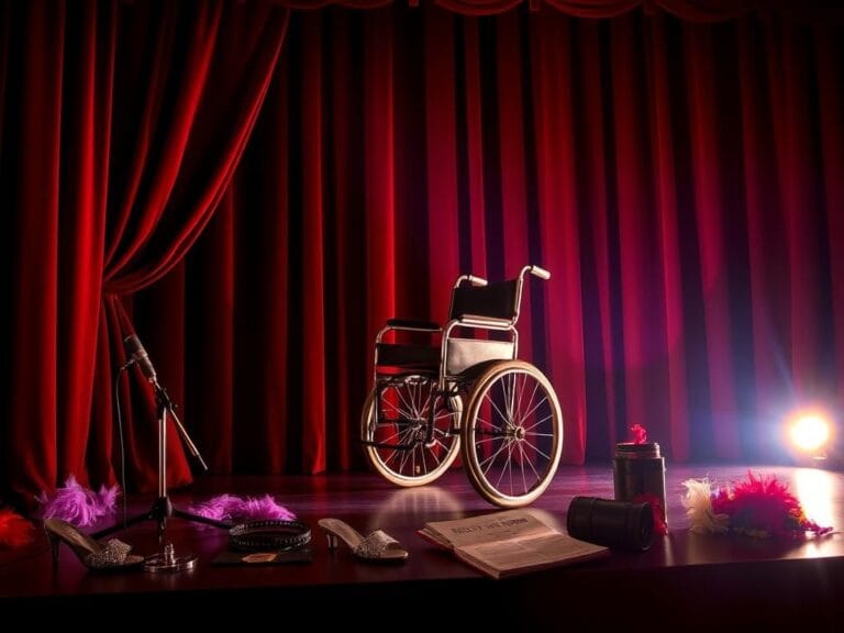 Flick International Vintage wheelchair center stage with a spotlight, symbolizing Tim Curry's resilience after his stroke