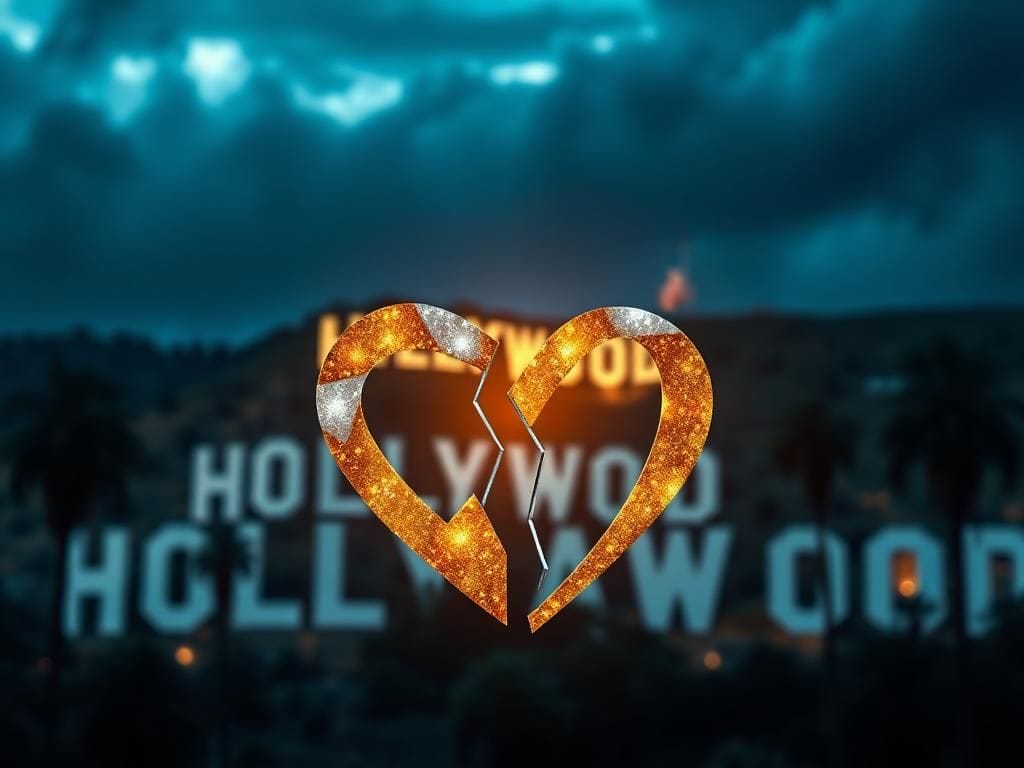 Flick International Abstract representation of a broken heart symbol against a Hollywood backdrop