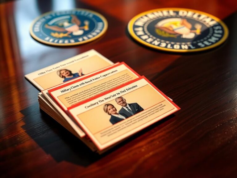 Flick International Close-up of colorful note cards with bios of Hillary Clinton and Chuck Schumer on a wooden desk