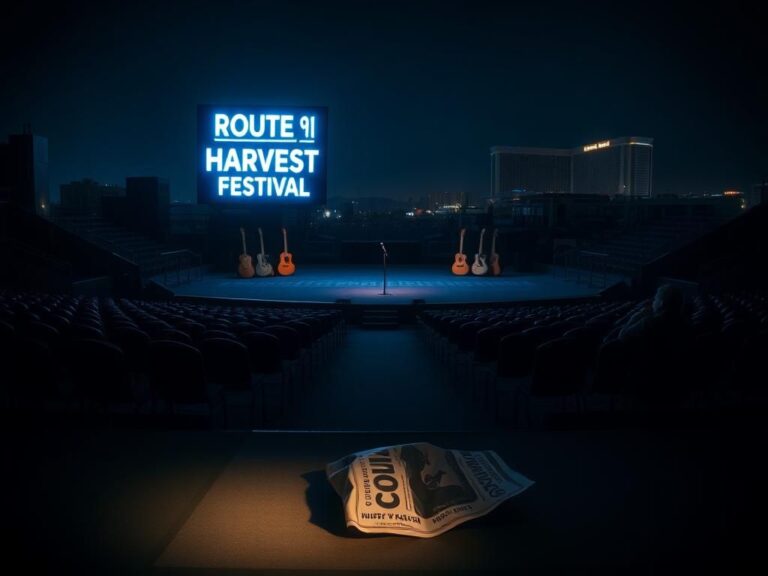 Flick International A somber nighttime scene of an empty concert venue with a microphone