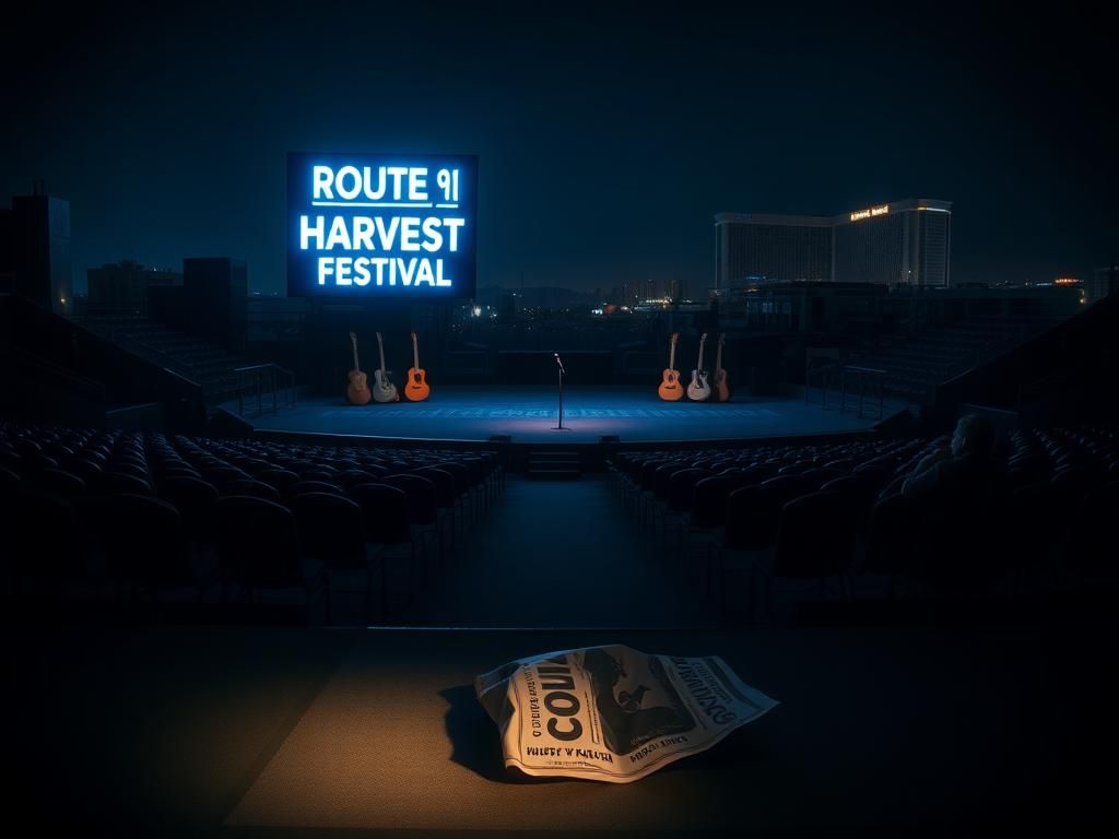 Flick International A somber nighttime scene of an empty concert venue with a microphone