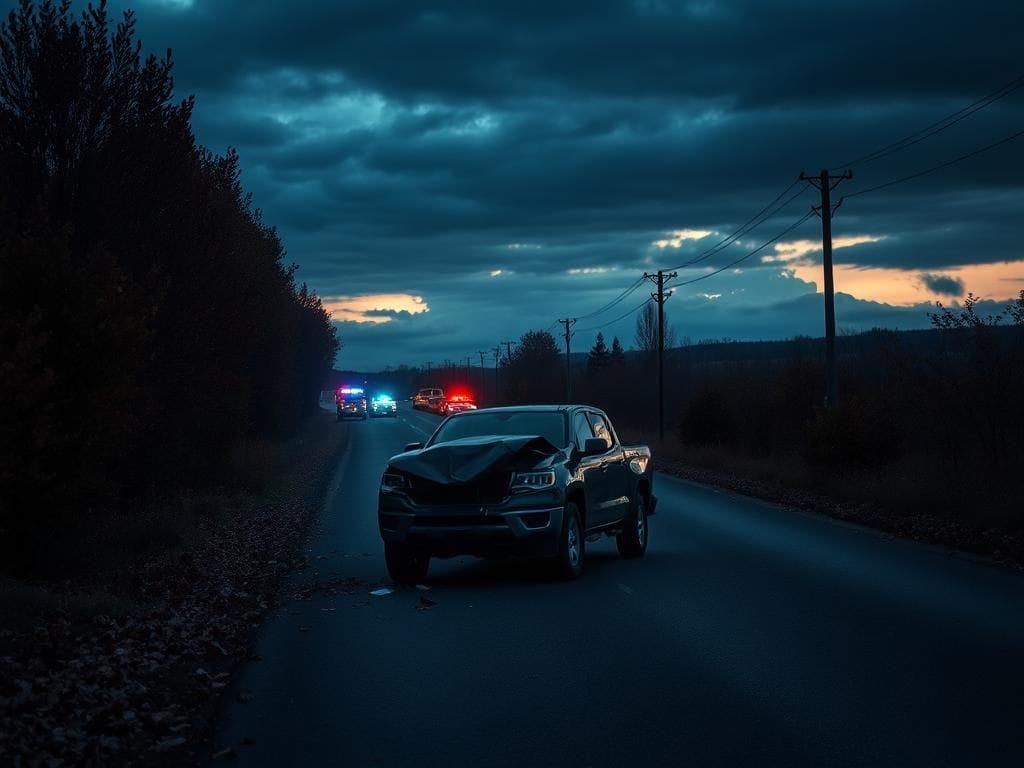 Flick International Crumpled pickup truck on a deserted road in Tennessee after a DUI crash