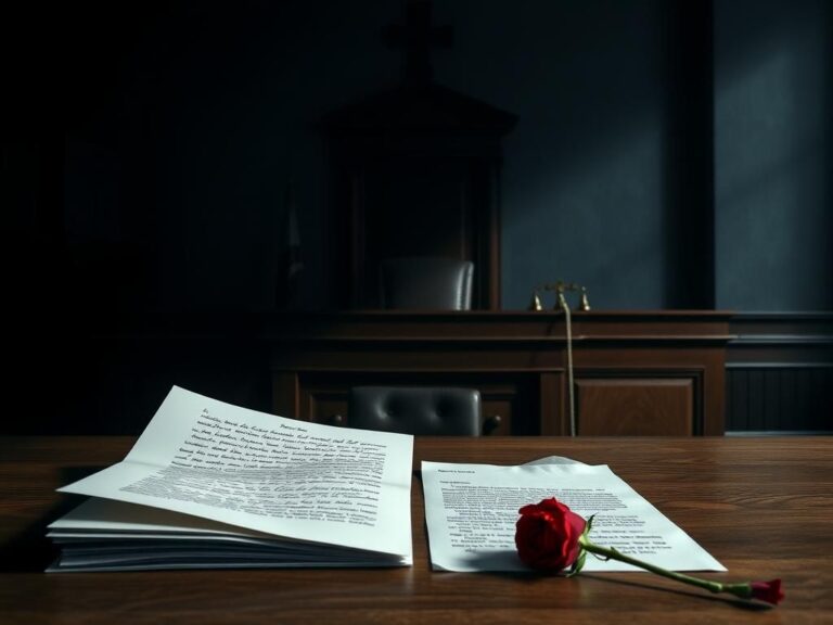 Flick International Dimly lit courtroom scene with a wooden judge's bench and legal documents symbolizing justice