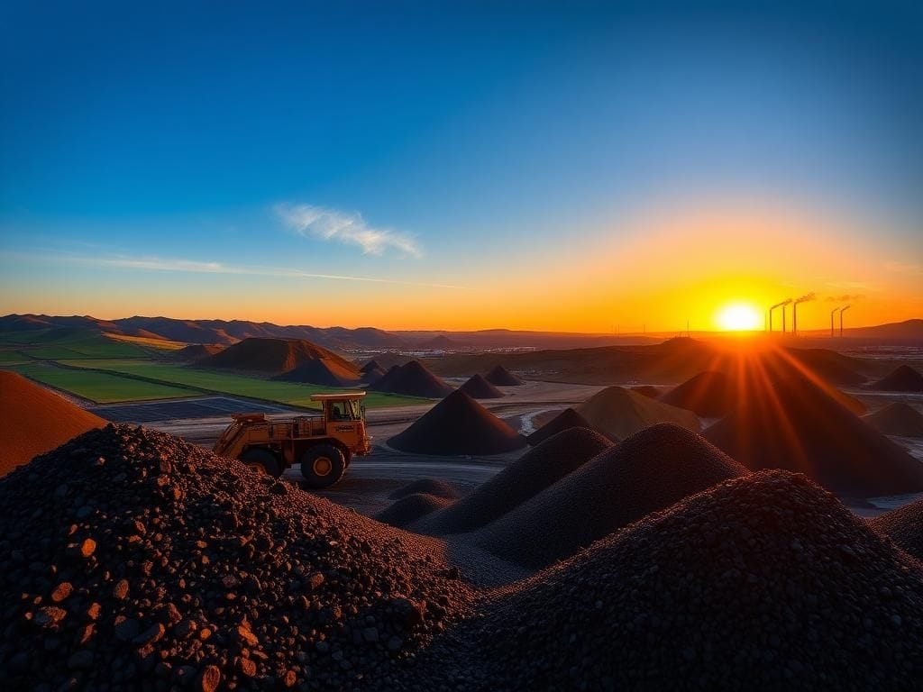 Flick International A panoramic view of a coal mining landscape at dawn with mining equipment and power plants