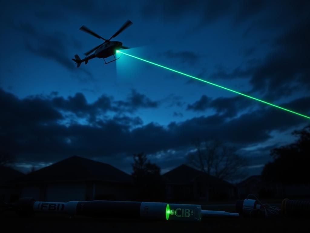 Flick International CBP helicopter overlooking suburban home during FBI raid with laser beam in the sky