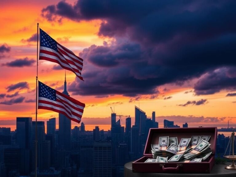 Flick International Dramatic skyline of New York City at dusk with iconic skyscrapers and an American flag