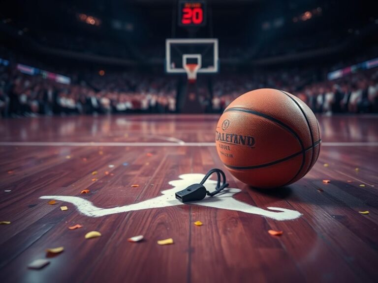 Flick International Dramatic basketball court scene featuring a referee's whistle and worn-out basketball