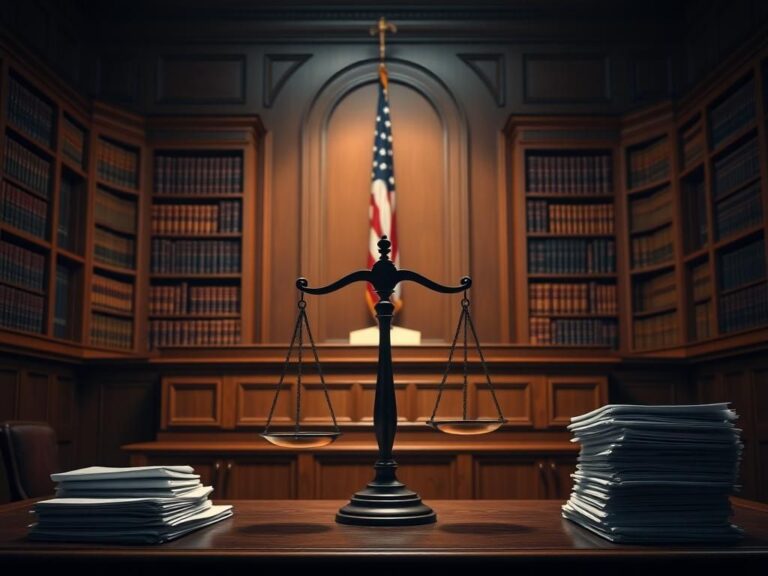 Flick International Courtroom scene showcasing a judge's bench and balanced scale of justice