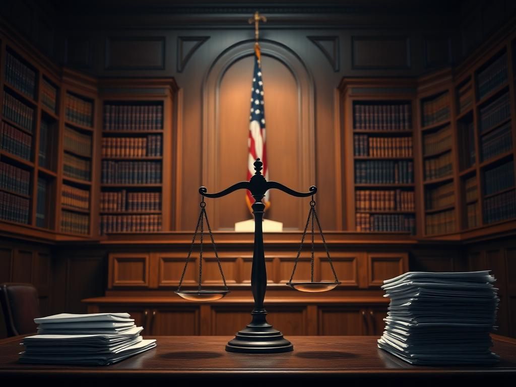 Flick International Courtroom scene showcasing a judge's bench and balanced scale of justice