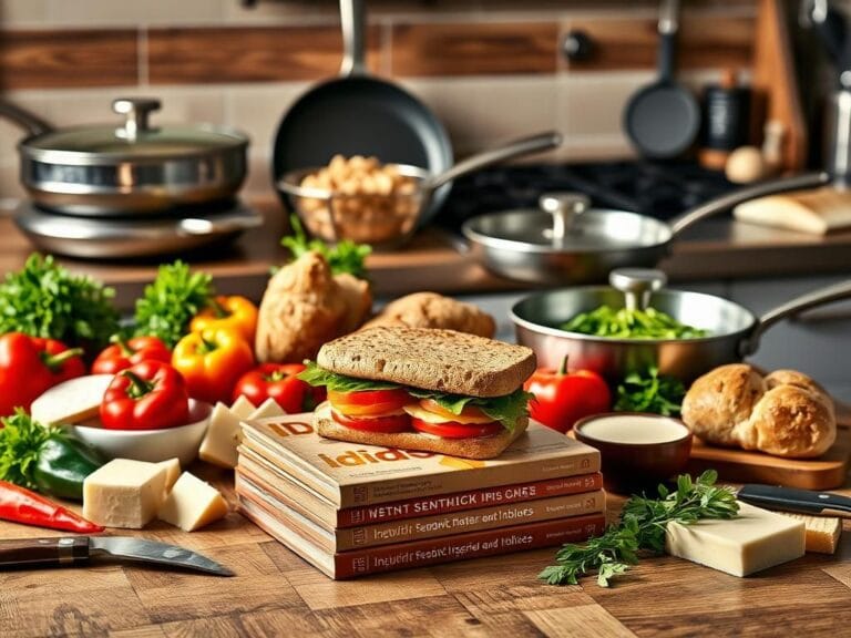 Flick International A beautifully arranged kitchen countertop featuring the cookbook 'Idiot Sandwich' and HexClad pans