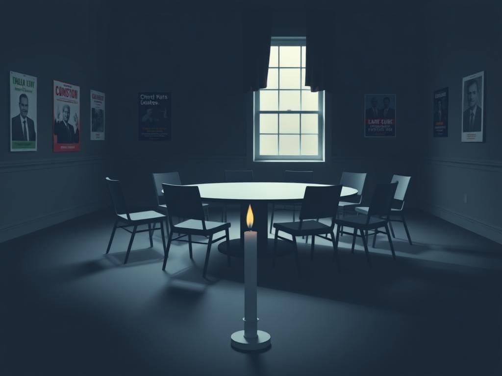 Flick International Dimly lit meeting room with empty chairs representing voices on political violence