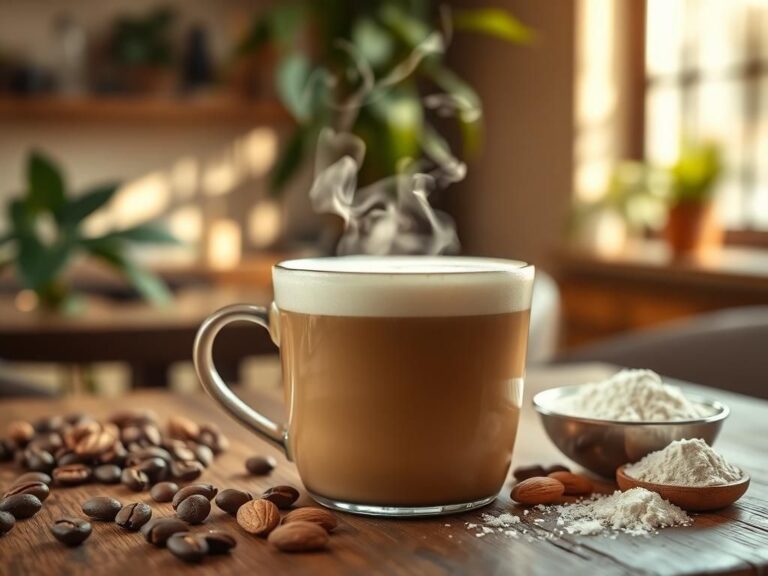 Flick International Close-up of a steaming latte topped with protein cold foam on a rustic wooden table
