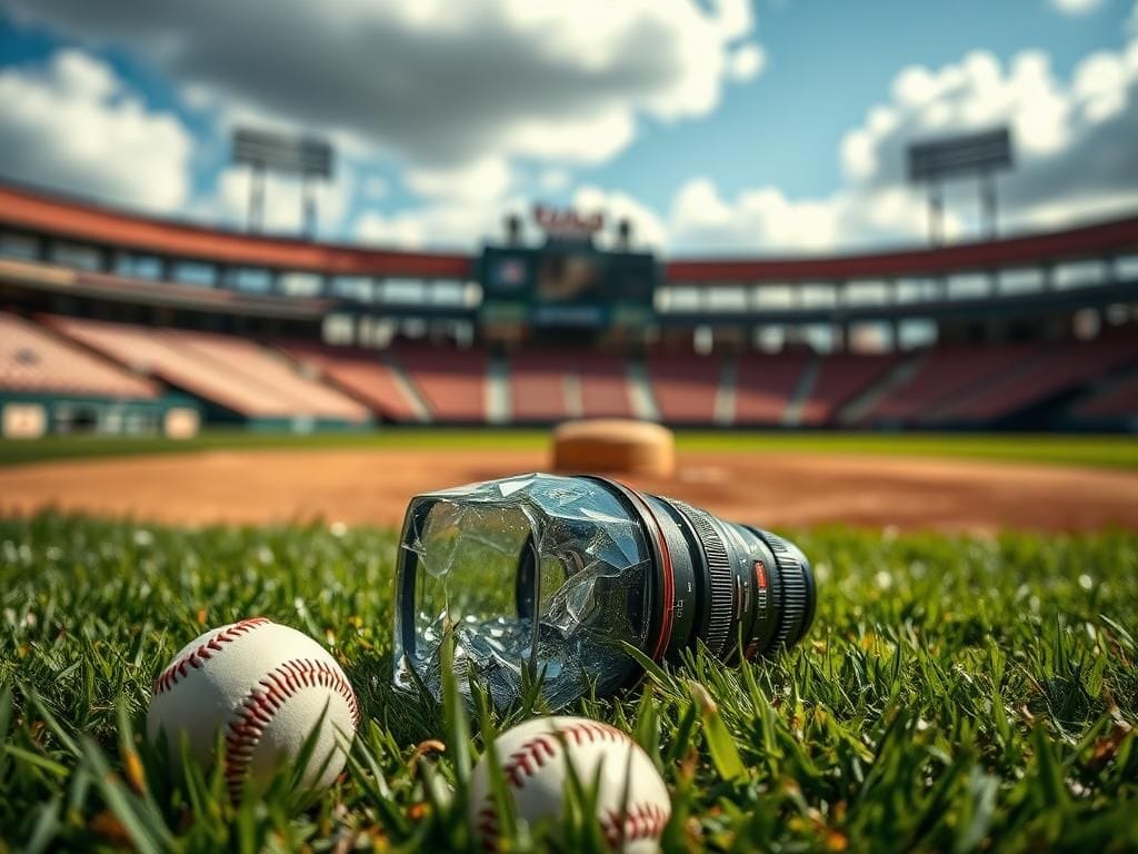 Flick International Shattered camera lens on the baseball field grass after a foul ball incident