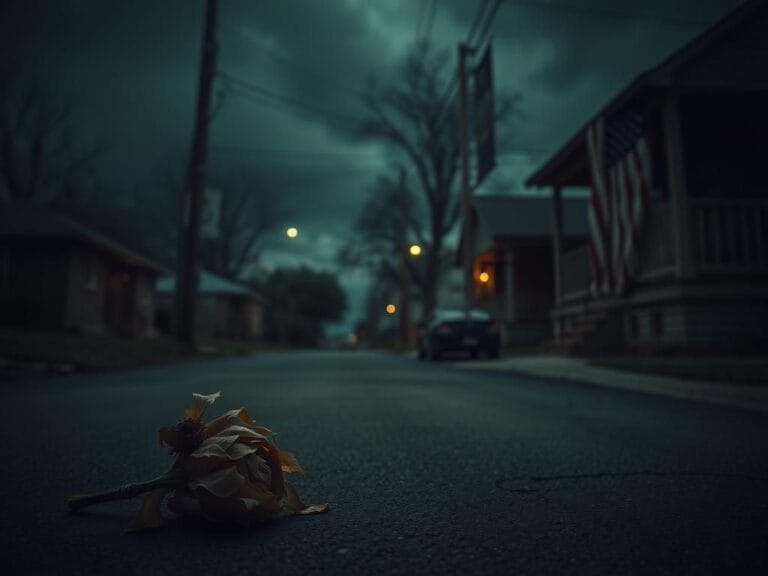 Flick International A somber street scene with a wilted flower symbolizing loss