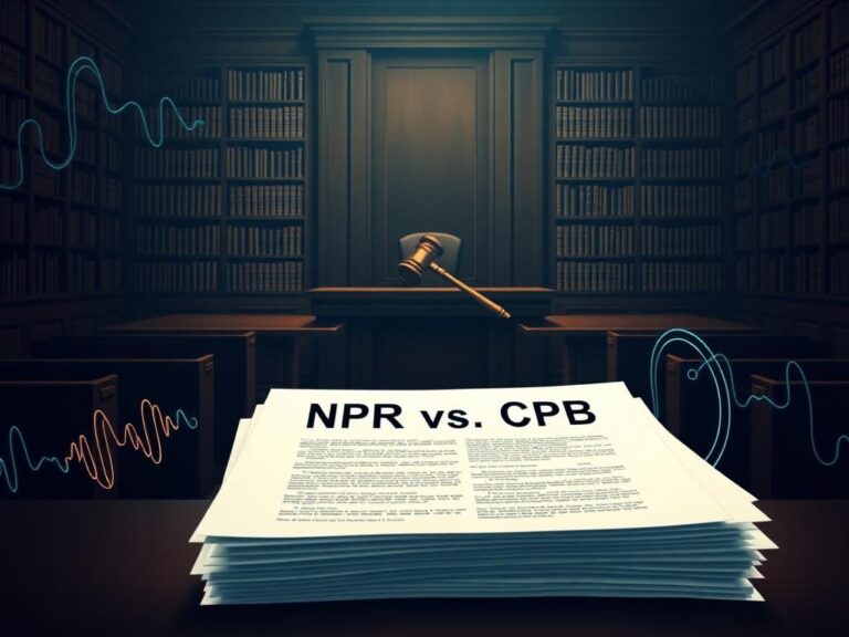 Flick International A somber courtroom scene depicting empty benches and a large gavel, symbolizing the NPR vs. CPB legal battle.