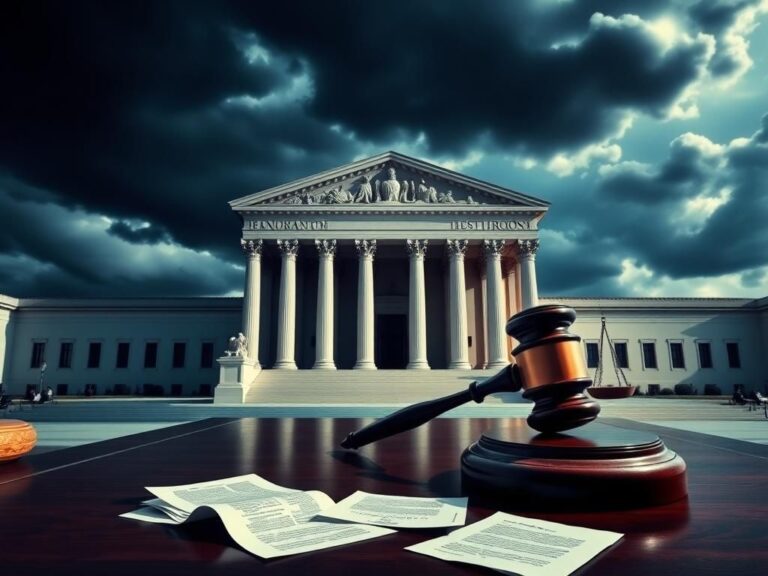 Flick International Dramatic courtroom scene highlighting the Supreme Court building and symbols of justice