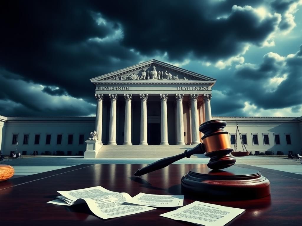 Flick International Dramatic courtroom scene highlighting the Supreme Court building and symbols of justice