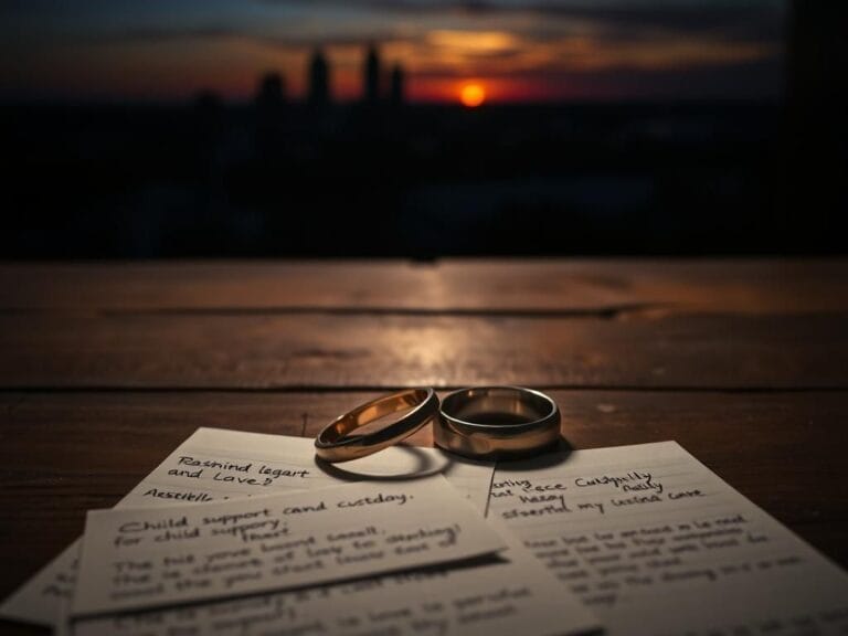 Flick International A pair of wedding bands symbolizing a broken marriage on a weathered wooden table
