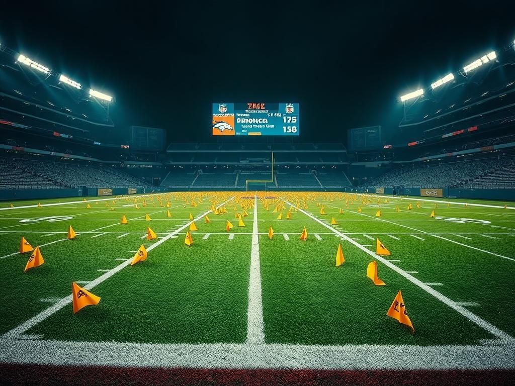 Flick International A dramatic football scene in an empty NFL stadium showcasing yellow penalty flags scattered across the green turf under a night sky